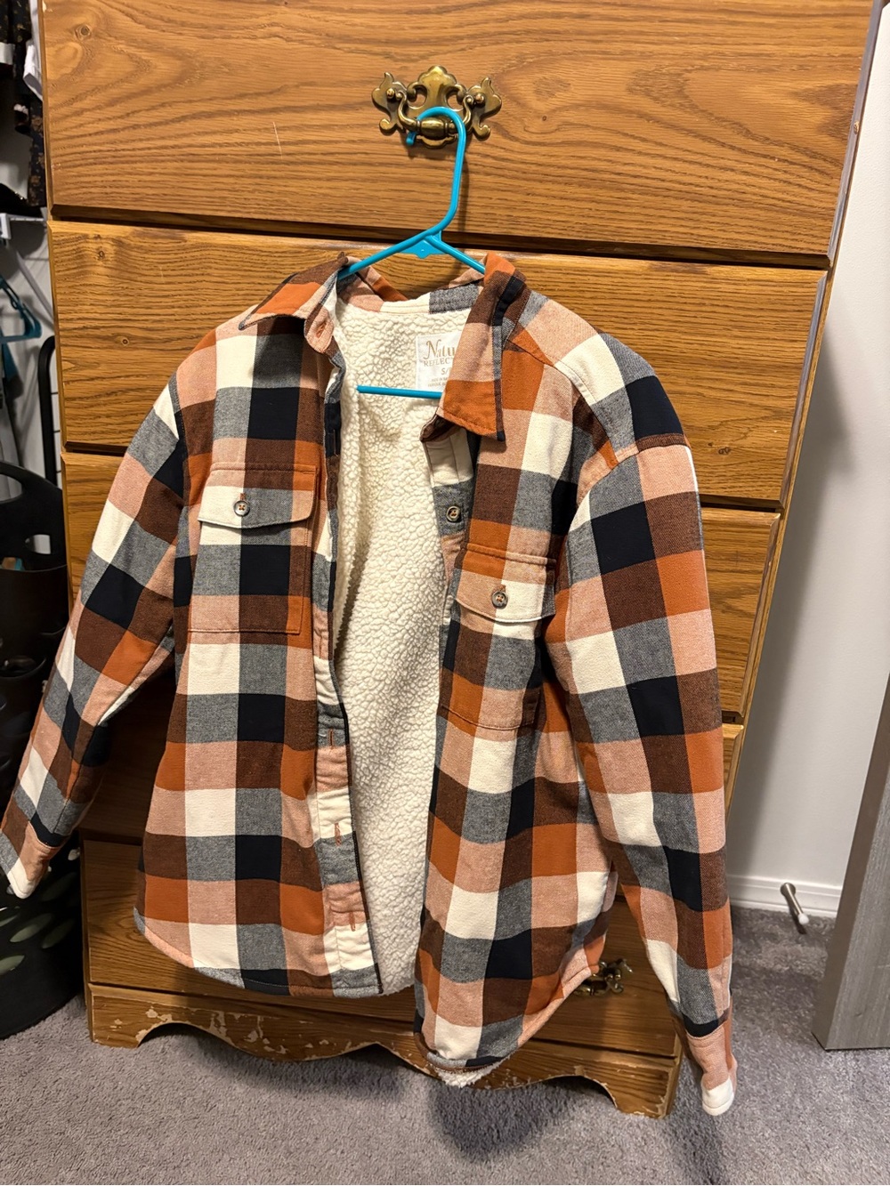Natural Reflections Plaid Sherpa Jacket in Rust, Black & Cream